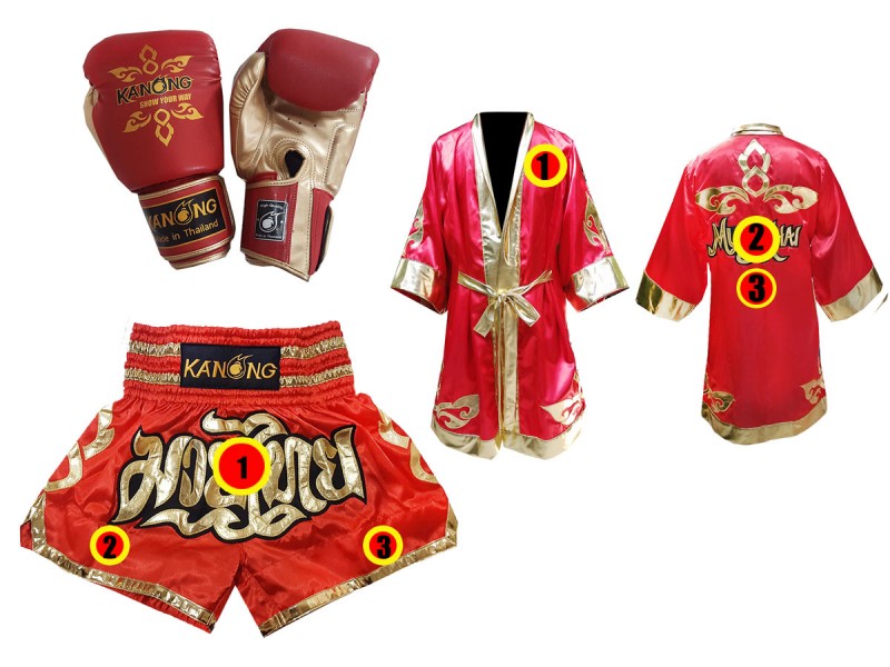 Kanong Custom Muay Thai Bundle (Gloves, Shorts, Robe) : Red Lai Thai